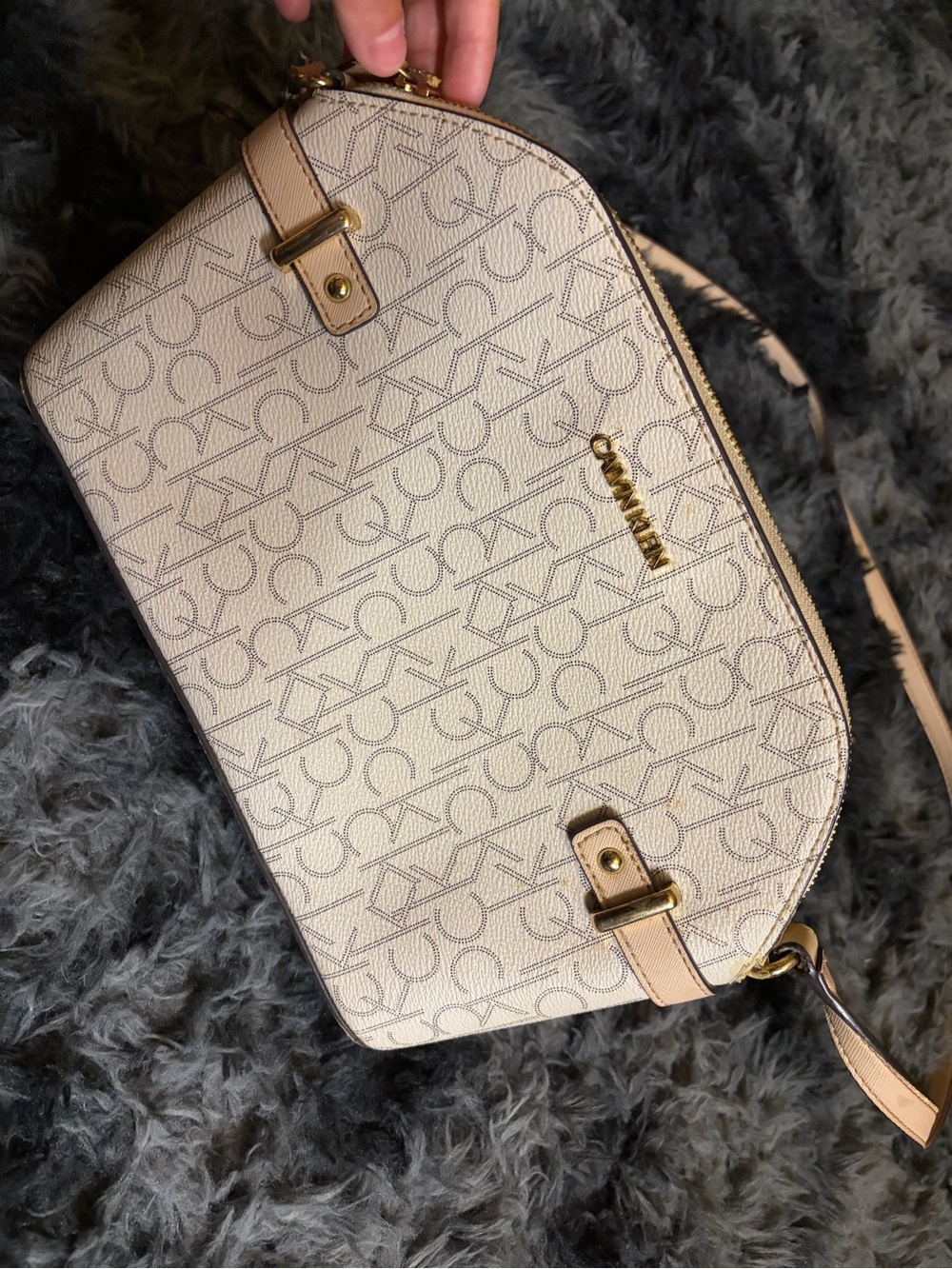 Michael Kors Cream Logo Dome Crossbody with Tan Trim